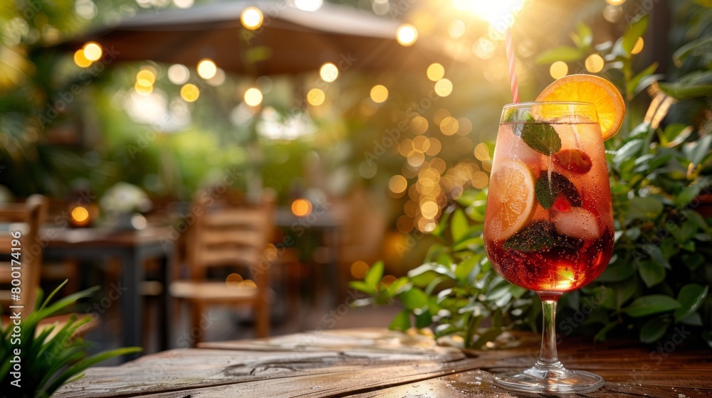 Refreshing summer cocktail with orange and mint on a wooden table with a blurred background of a restaurant.