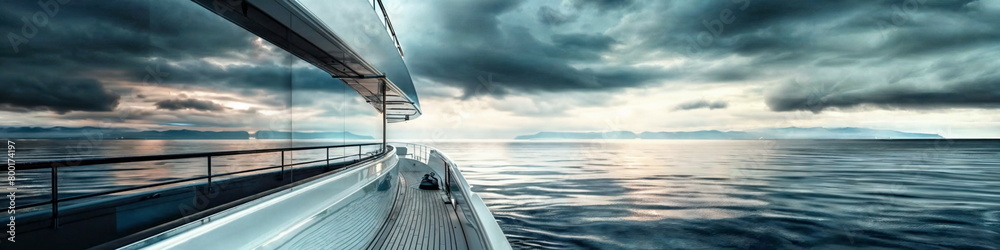 Naklejka premium Yacht's stern under cloud cover. Muted tones quietude. Cruise advertisement, Yacht tour promotion, Website illustration