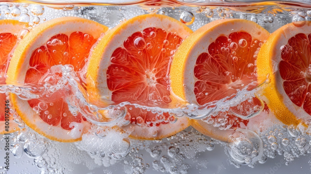 Refreshing and juicy grapefruit slices floating underwater with bubbles. Refreshing and juicy grapefruit slices floating underwater with bubbles.