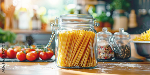 Close-up of a glass jar with Italian pasta on the table.