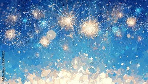 The background is blue  with fireworks blooming in the sky and some flowers scattered on it. 