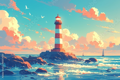 The lighthouse stands on the rocky shore, surrounded by crashing waves and colorful clouds