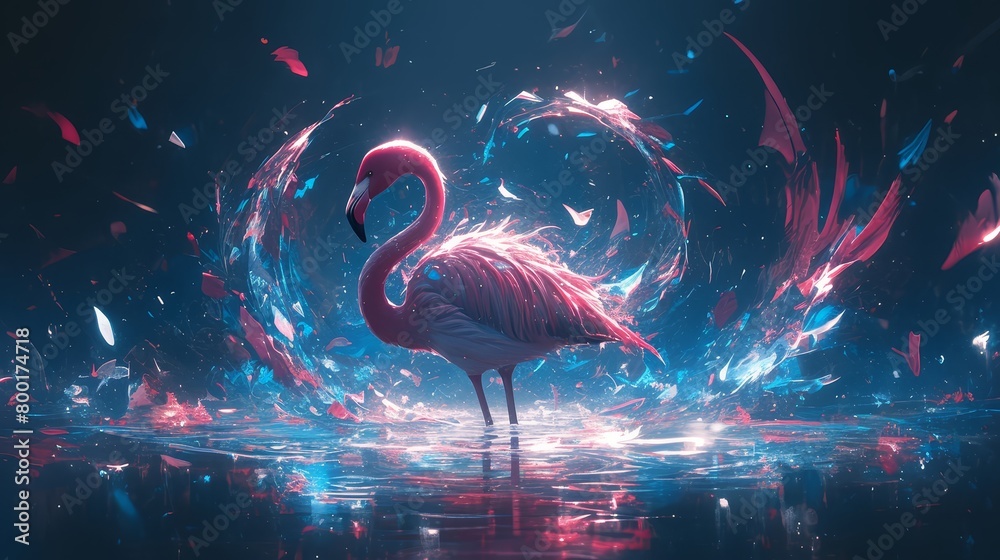 Naklejka premium Flamingo gracefully wading through the shallow waters of a tropical lagoon