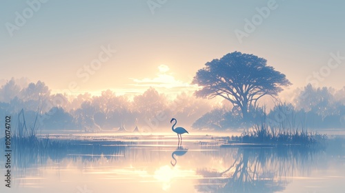 Flamingo gracefully wading through the shallow waters of a tropical lagoon © Photo And Art Panda