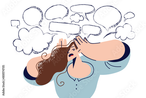 Overabundance information causes headaches in woman clutching head, standing under dialogue clouds