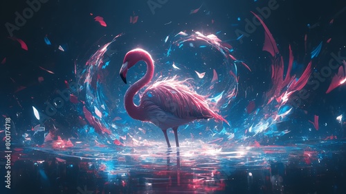 Flamingo gracefully wading through the shallow waters of a tropical lagoon photo
