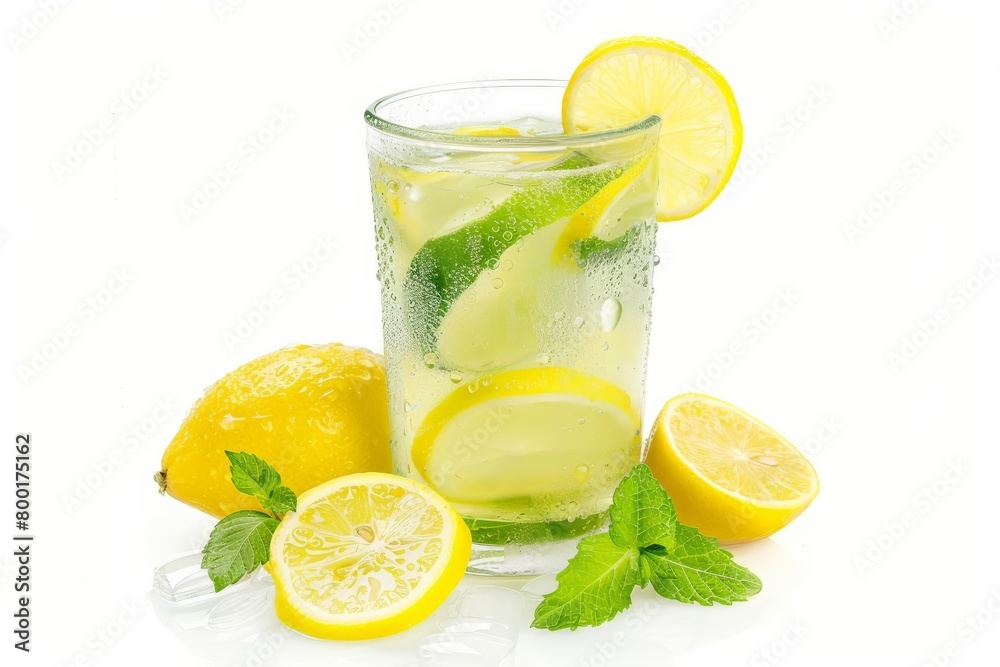 A glass of lemonade with lemons and mint on a white background A glass of lemonade with lemons and mint on a white background