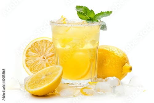 A refreshing glass of lemonade with ice and a lemon wedge.