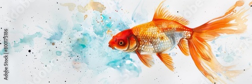 A goldfish glides through clear waters  watercolor painting on a white background