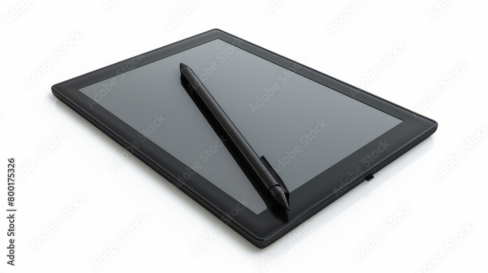 A digital tablet with a stylus on a white background. A digital tablet with a stylus on a white background.
