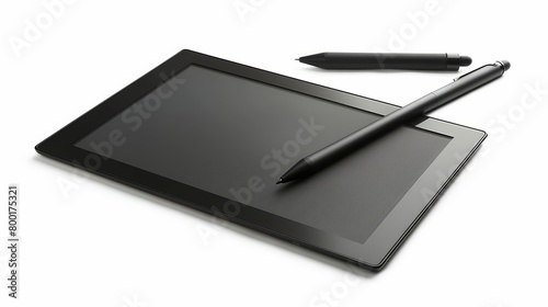 A digital tablet with a stylus on a white background.