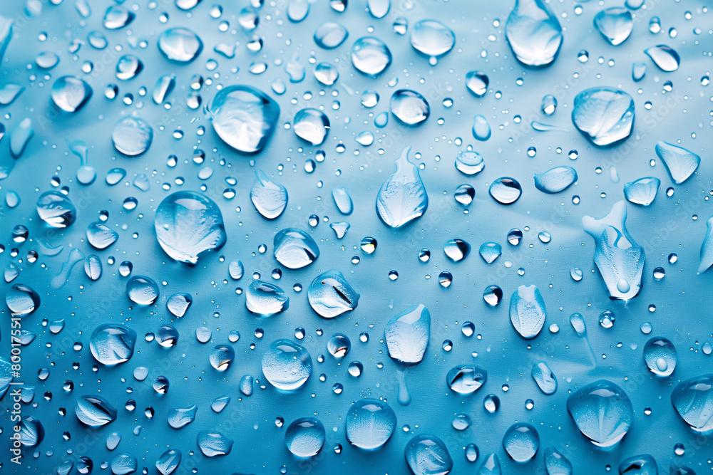 Numerous water droplets on a bright blue surface adding depth and texture Numerous water droplets on a bright blue surface adding depth and texture
