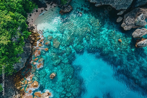 Spectacular Aerial View Over a Secluded Cove with Thriving Coral Reefs, Concept of Natural Wonder and Underwater Habitats