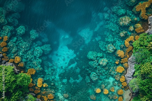 Enchanting Aerial Perspective of Diverse Coral Ecosystem with a Crystal Clear Blue Lagoon, Concept of Marine Preservation and Ecology photo