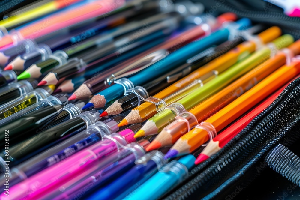 A close-up of a pencil case filled with colored pencils and pens.