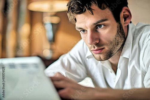 A man in a white shirt intently focused on reading content on a digital tablet.
 photo