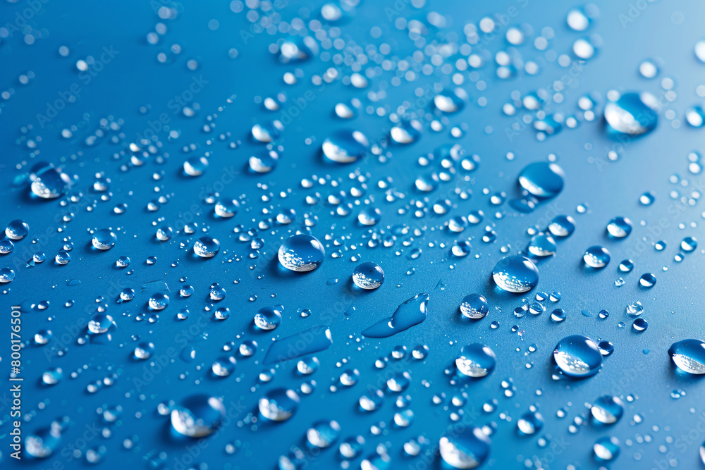 Detailed close up of blue water droplets on a vibrant blue surface