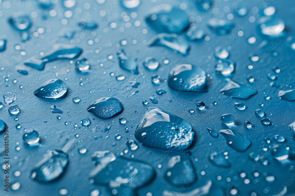 Macro shot of blue water droplets on a dark blue surface Macro shot of blue water droplets on a dark blue surface