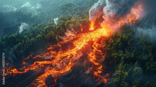 Majestic volcanic eruption amidst a forest, showcasing the raw power of nature and the concept of natural disasters