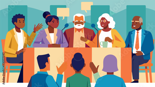 An illustration of a panel discussion featuring Civil Rights veterans sharing their experiences and insights with a captivated audience at a. Vector illustration