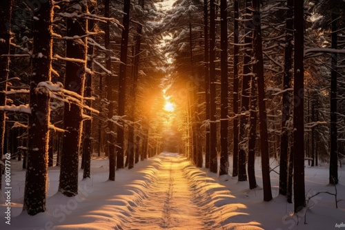 Glistening snowy pathway leading through a pine forest  illuminated by golden morning sunlight