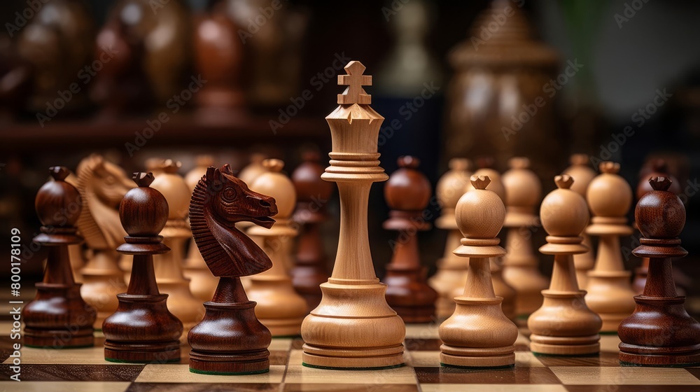 Handcrafted wooden chess set in the middle of a game, with focus on the king Handcrafted wooden chess set in the middle of a game, with focus on the king