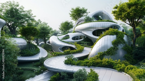 A futuristic cityscape with a winding road surrounded by lush greenery