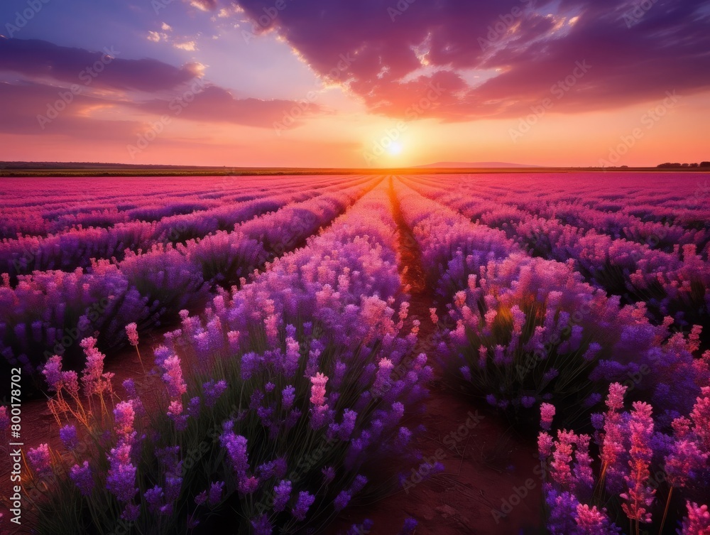 Obraz premium Lavender fields at sunset with rows of purple blooms stretching towards the horizon