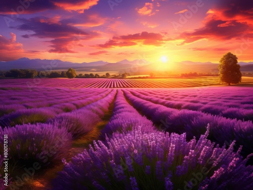 Lavender fields at sunset with rows of purple blooms stretching towards the horizon