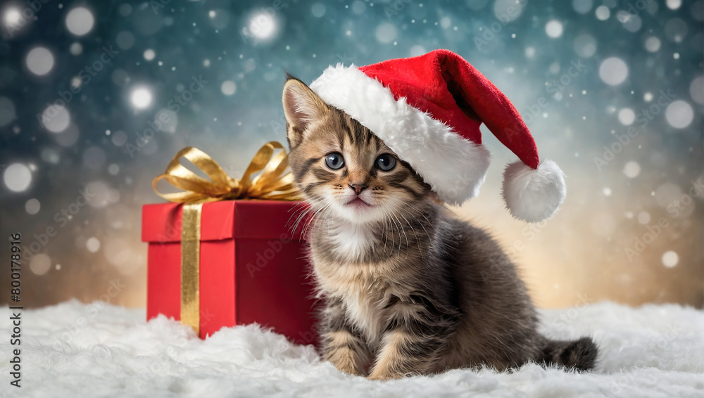 Christmas cat on snow. Tabby and happy kitten. New Year, holidays and celebrations Christmas cat on snow. Tabby and happy kitten. New Year, holidays and celebrations
