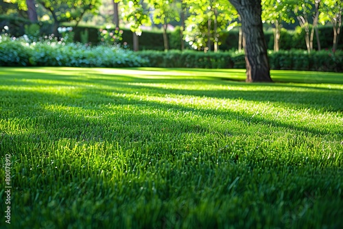 Vibrant close up of lush bermuda grass lawn in rich green color, depicting young and thriving growth photo