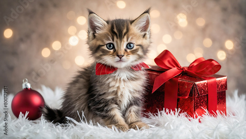 Christmas cat on snow. Tabby and happy kitten. New Year, holidays and celebrations