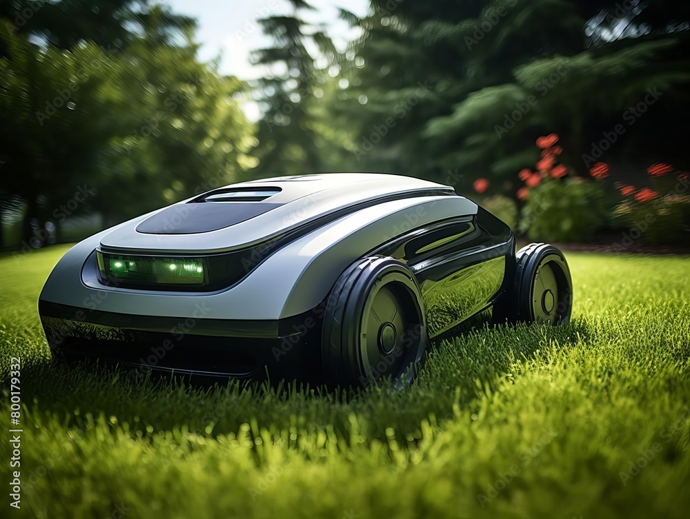 Modern robotic lawnmower trimming grass in a suburban garden, illustrating home automation Modern robotic lawnmower trimming grass in a suburban garden, illustrating home automation