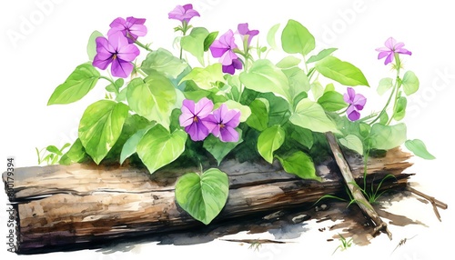 Morning dew on wild violets along a creekside log, delicate and refreshing, vivid in color, isolated on white background, watercolor photo