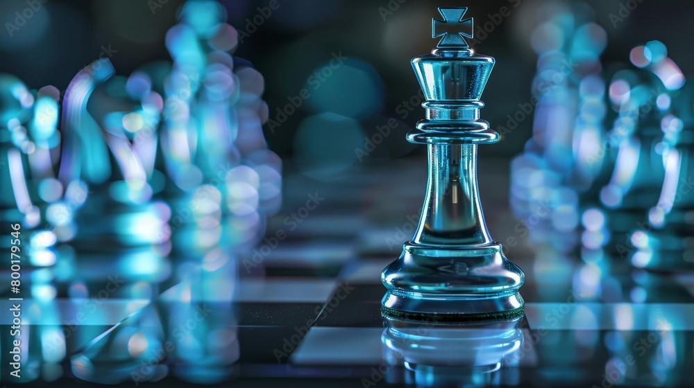 A 3D rendering of a chess board with glass chess pieces