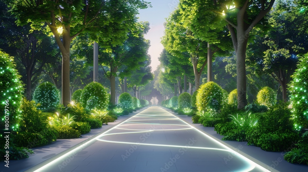 A path through a forest with trees lit up in neon colors