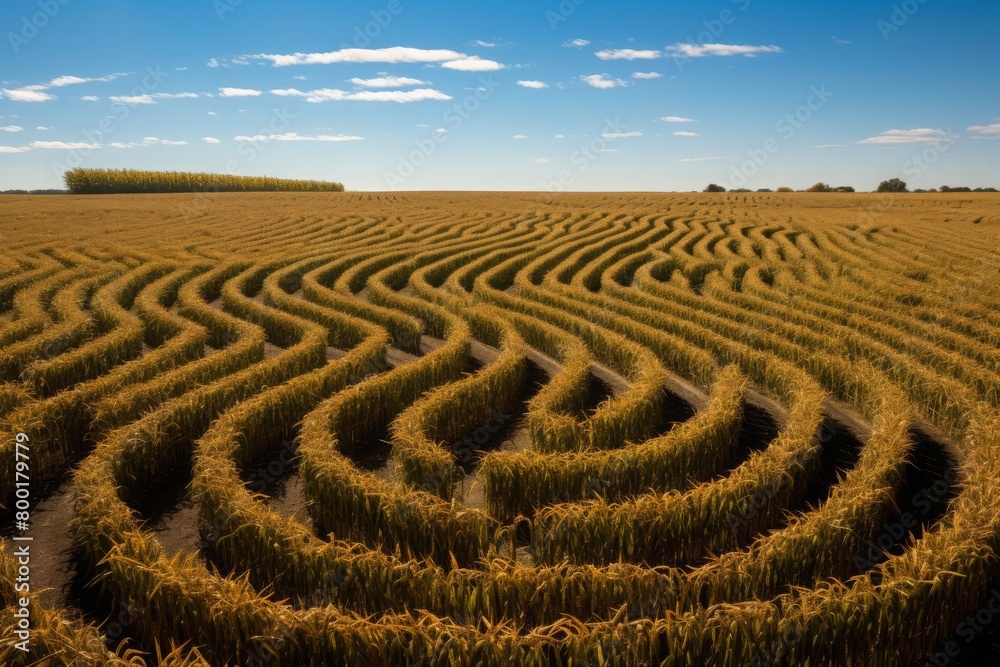 Overhead shot of a large cornfield maze at the peak of autumn, with a clear blue sky overhead
