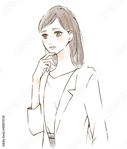 Obraz na płótnie 悩む白衣の女性のイラスト 水彩風 疑問 質問 考えるポーズ w salonie