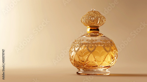 Ornate golden perfume bottle with intricate designs and a luxurious feel on a beige background.