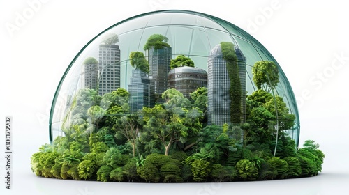 A glass dome with a city inside and a forest on the outside
