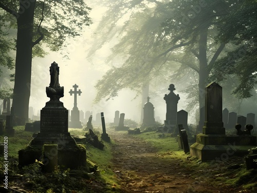 Peaceful cemetery with ancient tombstones and mosscovered statues during a foggy morning