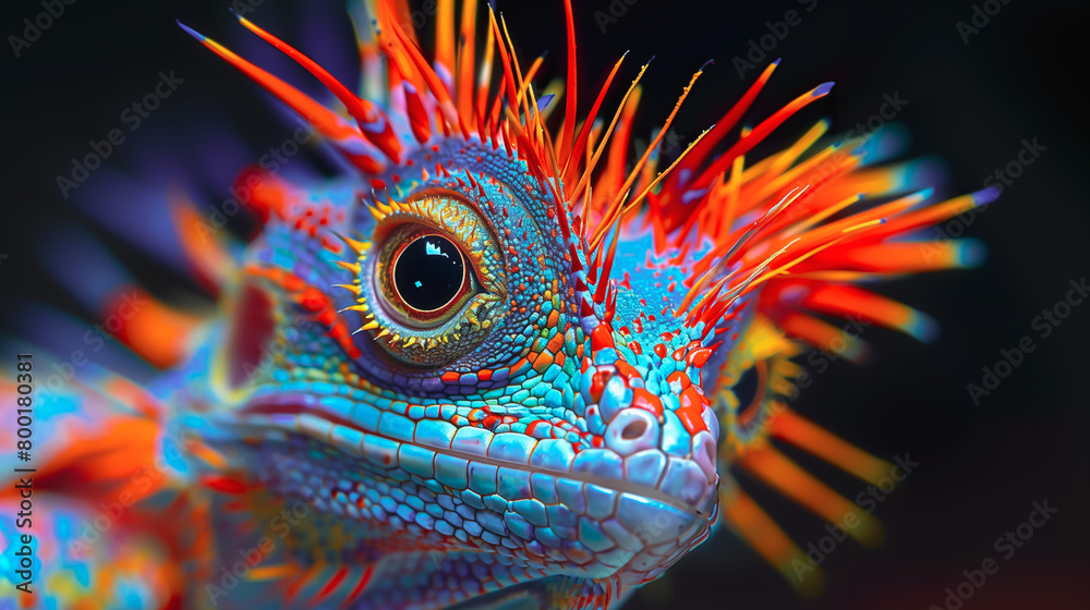 Obraz premium Vibrant Exotic Lizard with Colorful Patterns and Textured Skin, Close-up Macro. Rainforest Wildlife, Tropical Outdoors, Unique Fauna. Reptilian, Animal, Creature. Environment, Climate Change, Nature
