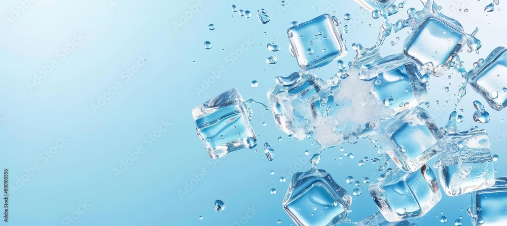Blue ice cubes panoramic banner on light cold blue background, refreshing chilled concept
