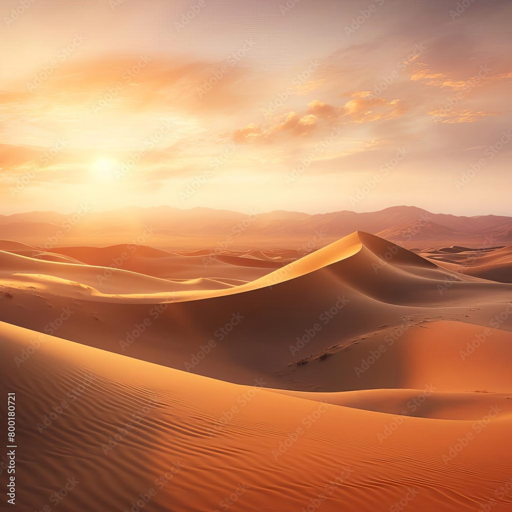 Sandy desert dunes at sunset, with soft contours and warm tones