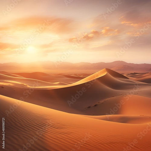 Sandy desert dunes at sunset, with soft contours and warm tones