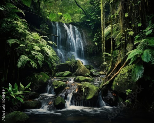 Silky smooth waterfall cascading in a lush rainforest  ideal for tranquil and refreshing themes