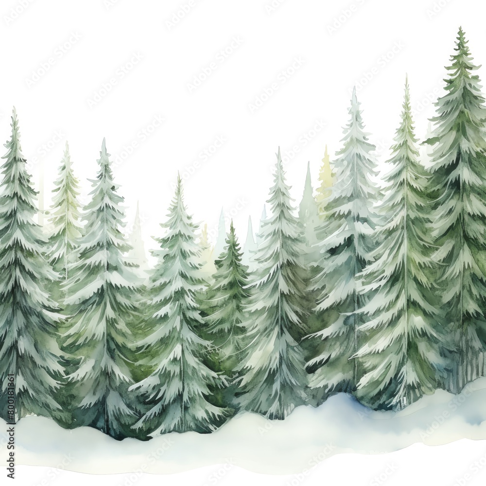 Obraz premium Snowflakes falling on mountain pines, a wintery mix of whites and dark greens, serene and detailed, forming a chilly border, isolated on white background, watercolor