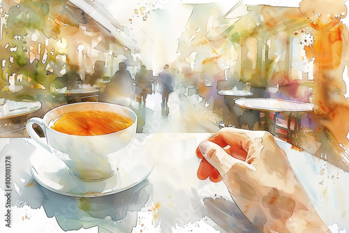 Illustration with watercolor cup of tea painting with hand