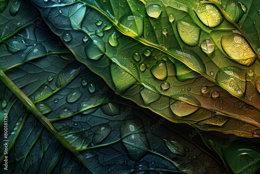 Fototapeta premium Green leaves with water drops