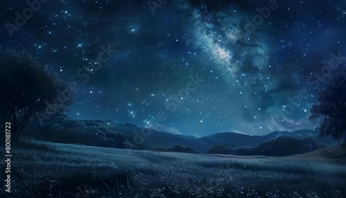 starry night sky over a field of flowers